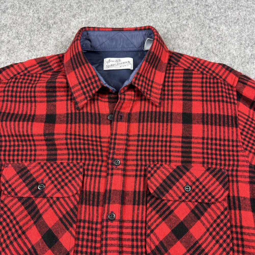 Vintage Sears Roebuck Shirt Mens Large Red Black‎ Plaid Wool Blend Flannel 80s